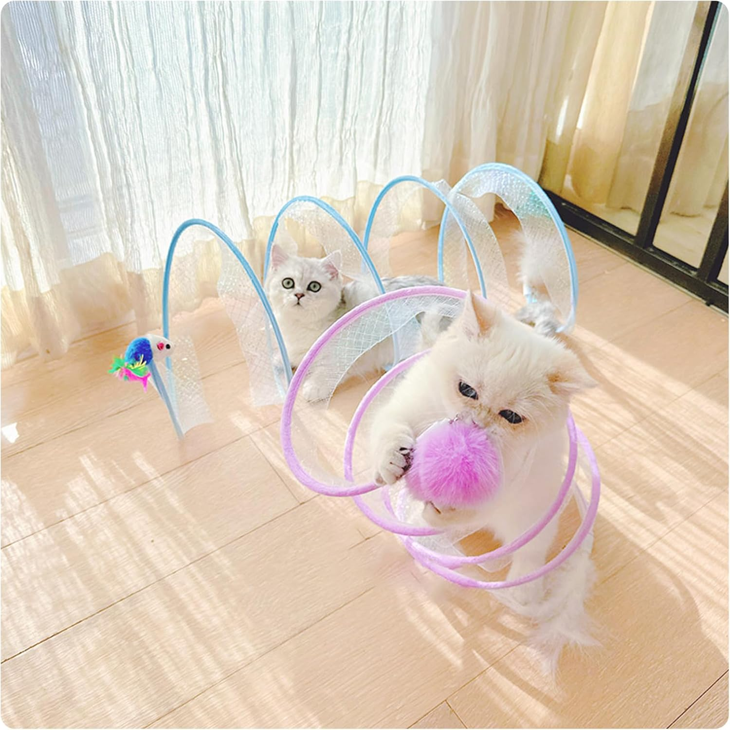 Andiker Folded Cat Tunnel Spring Toy, 8 Inch Spiral Cat Tunnel Toy with Feather & Ball & Bell, 3-In-1 Folded Cat Tubes, Interactive Cat Toy for Cats (Blue, S) image number 5