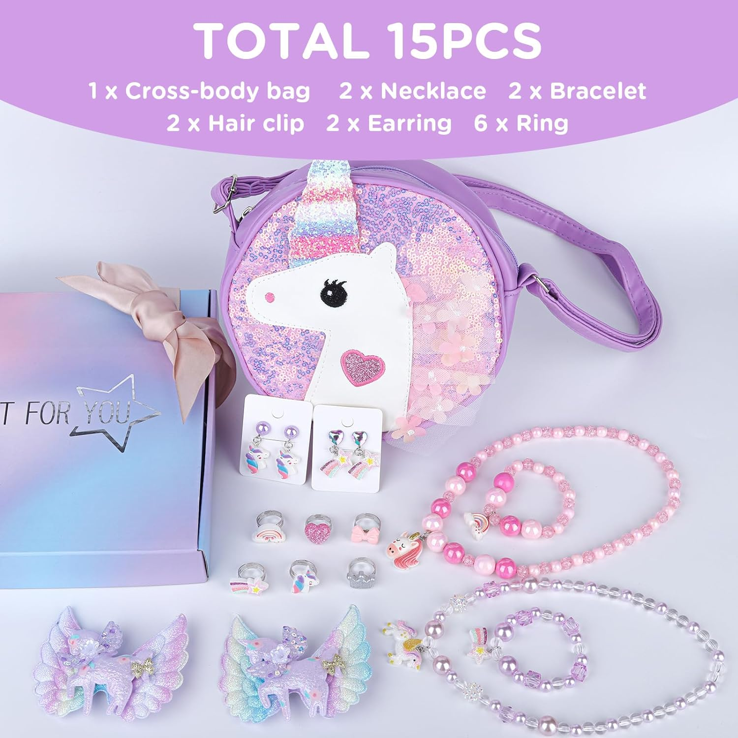 Niceup Unicorn Jewelry Gift Set for Little Girls, Princess Dress-Up Play Jewelry Toys with Purple Unicorn Purse Necklaces Bracelets Earrings Rings Hair Clips, Christmas Birthday Gift for Girls Age 4-7 image number 1