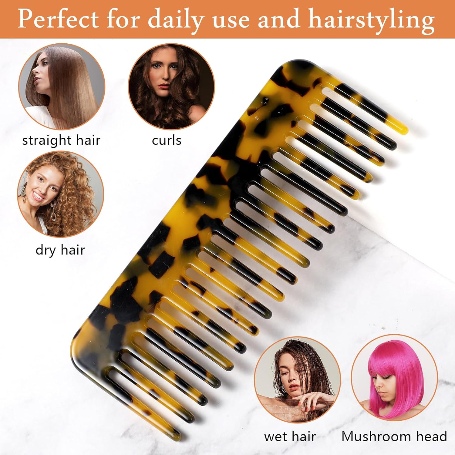 Xinjoduz 2 PCS Wide Tooth Comb, Large Cellulose Acetate French Hair Comb No Handle Beige Tortoise Shell Detangling Comb Leopard Print Design Shower Comb for Women Men Curly Wet Long Dry Hair Styling image number 5