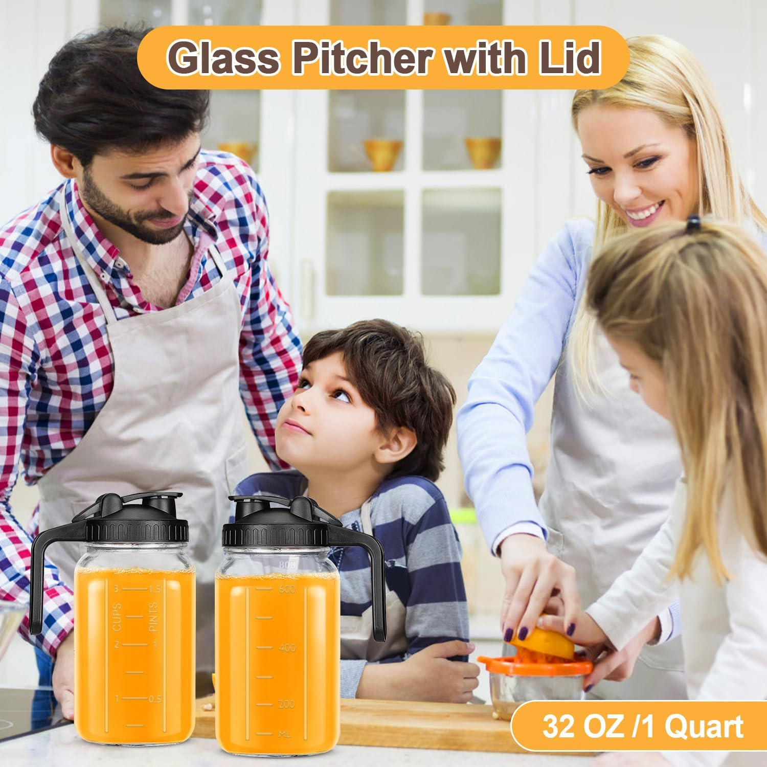 32 OZ Mason Jars with Lid, Glass Pitcher Double Leak Proof with Pour Spout Handle, 1 Quart Wide Mouth Breast Milk Pitcher for Fridge, Creamer Container for Coffee, Sun Tea, Juice - 1 Pack image number 4