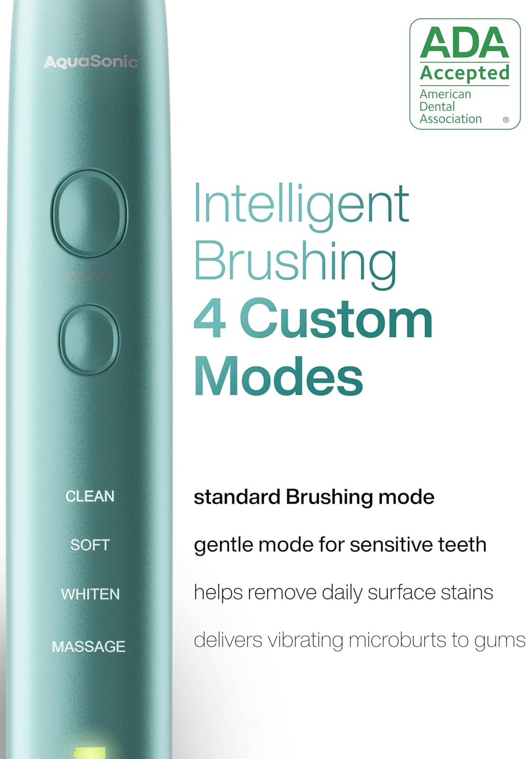 Aquasonic Vibe Series Ultra-Whitening Toothbrush &ndash; ADA Accepted Power Toothbrush - 8 Brush Heads & Travel Case &ndash; 40,000 VPM Motor & Wireless Charging - 4 Modes W Smart Timer &ndash; Mint Green Metallic image number 2