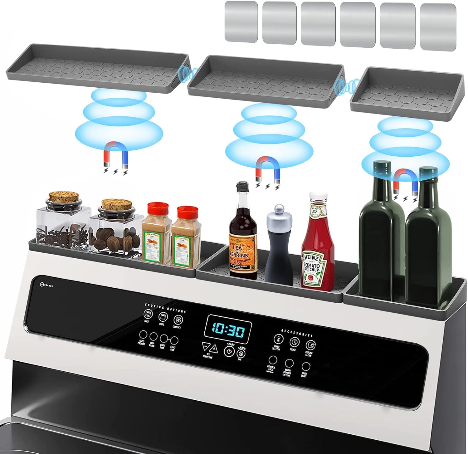 HOOMTREE 30 Inch Stove Top Shelf,Magnetic Silicone Shelf for Stove Top,Segmented Spice Storage Rack Kitchen Organization Shelf,Over Stove Spice Rack Organizer,Stovetop Storage Kitchen Gadgets (Grey)