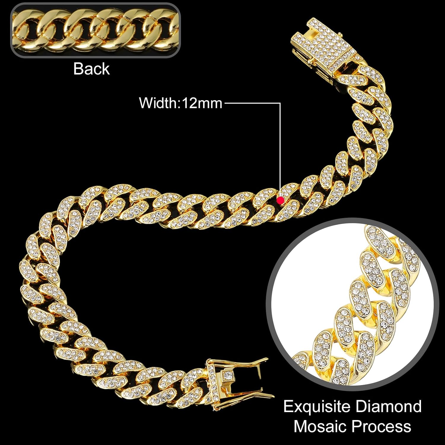 Gold Dog Chain Collar Diamond Cuban Link Dog Collar, 16Mm Wide Dog Necklace Metal Cat Chain Pet Crystal Collar Jewelry Accessories with Design Secure Buckle for Small Medium Large Dogs Cats(10Inch) image number 2