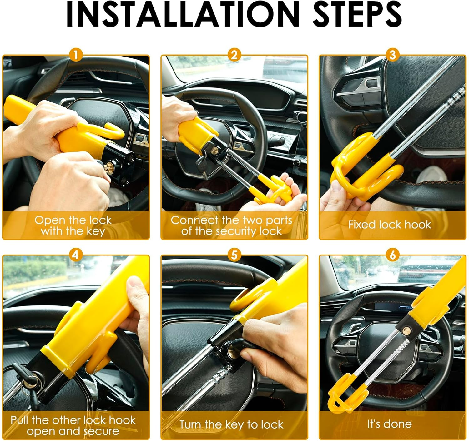 Steering Wheel Lock Anti-Theft Heavy Duty Car Device with 2 Keys Universal Car Steering Wheel Lock with Double Hooks Design Adjustable Length for Cars Trucks Vans and Suvs(Yellow, 1Pc) image number 5