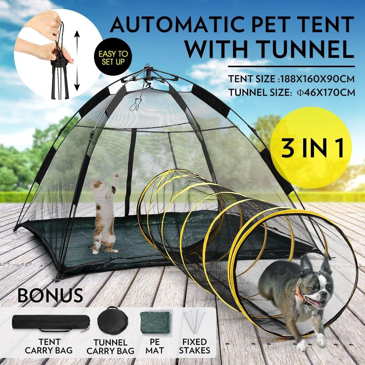 Pet Scene Pop-Up Pup Pet Tent Portable Cat Dog Camping Fence Enclosures Playpen Automatic with Tunnel Play for Dogs Cats Outdoor image number 5