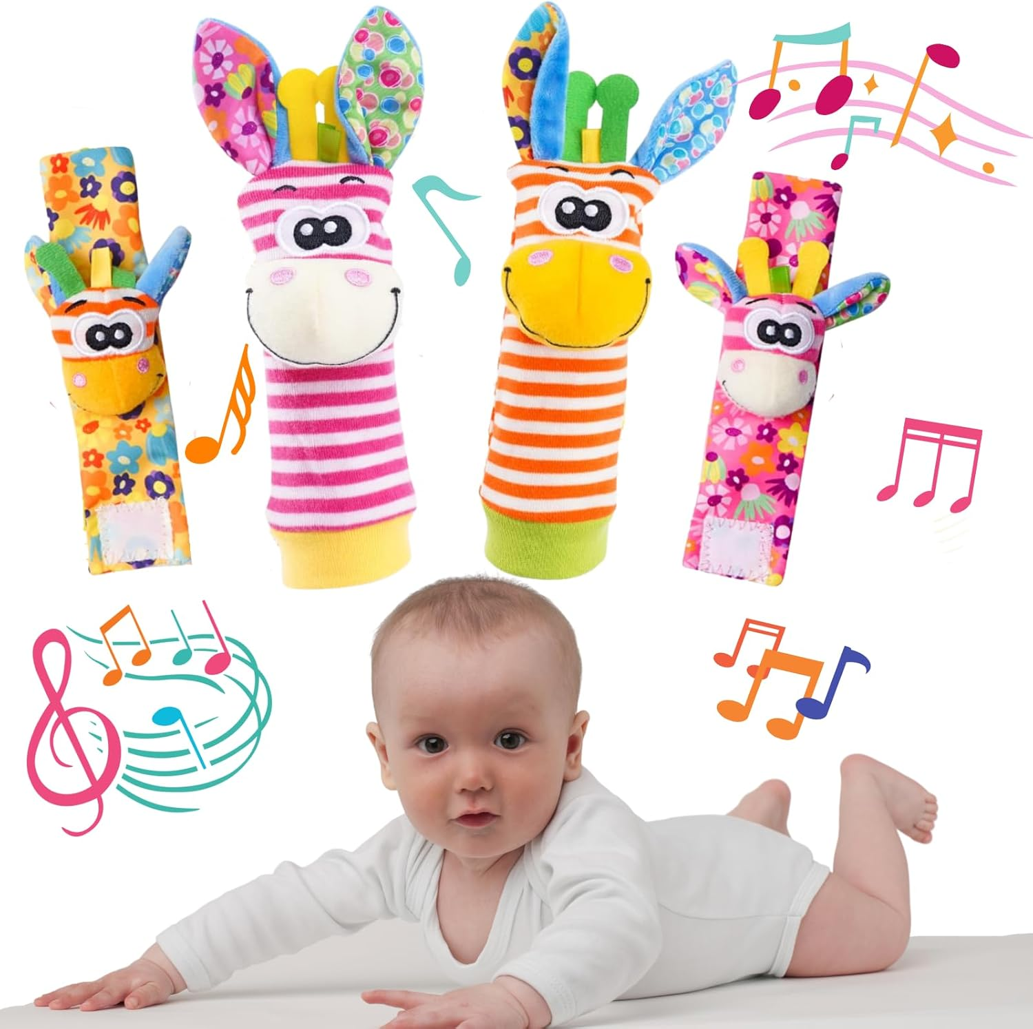 Baby Wrist Rattle Foot Finder Socks 4Pcs,Newborn Sensory Learning Toys for 0-3-6-12 Months, JOMWEN Cartoon Animal Rattles Tummy Time Toy Gift for Baby Boy Girl, Hand Bracelet Rattle Foot Socks