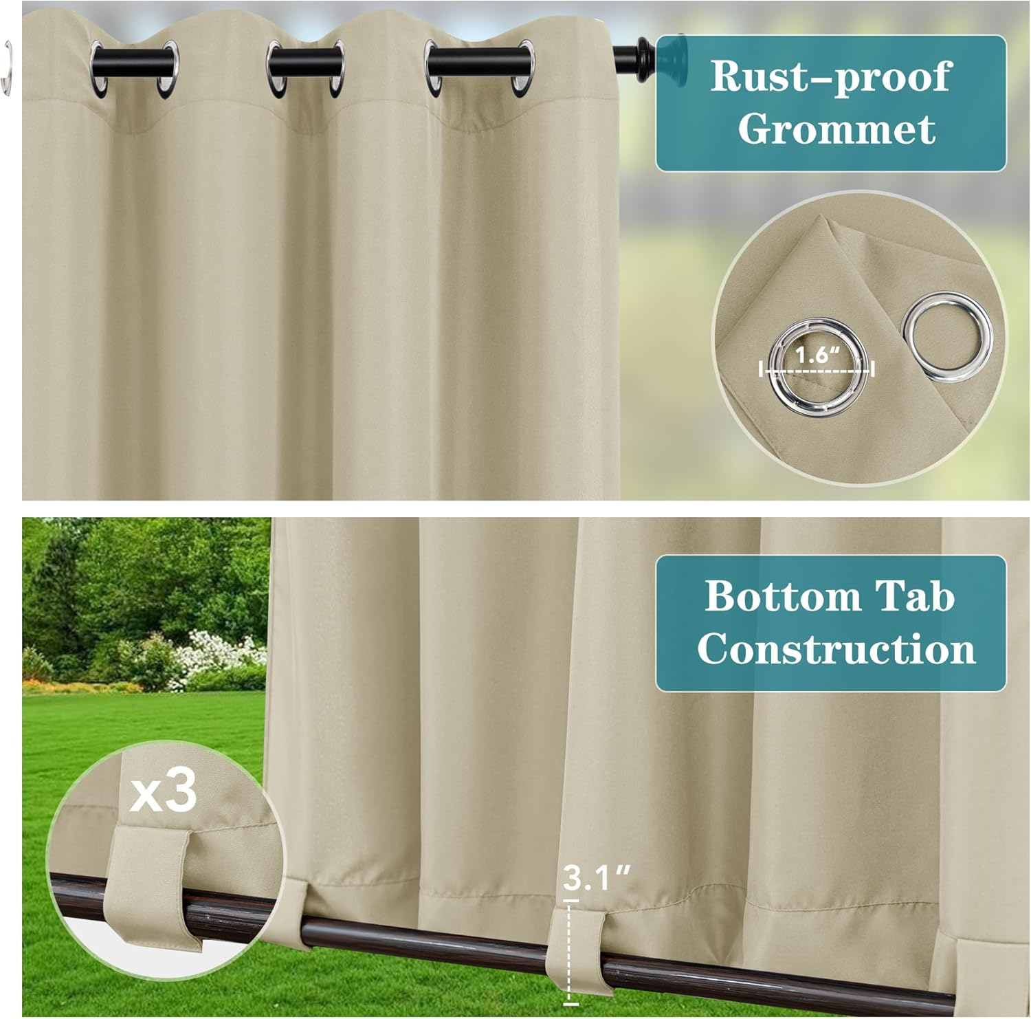 Holidayideas Outdoor Curtains for Patio Waterproof 4 Panels 110X84 Inch-Windproof Weatherproof Privacy Wide Cream Curtains-Grommet Top and Tab Bottom Drape for Pergola, Porch, Gazebo, Backyard image number 2