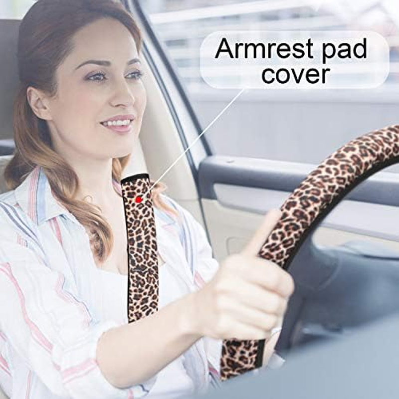 7-Piece Leopard Print Car Accessory Set - Steering Wheel Cover, Car Coasters, Keyring, Armrest Pad & Seat Belt Pads for Most Cars