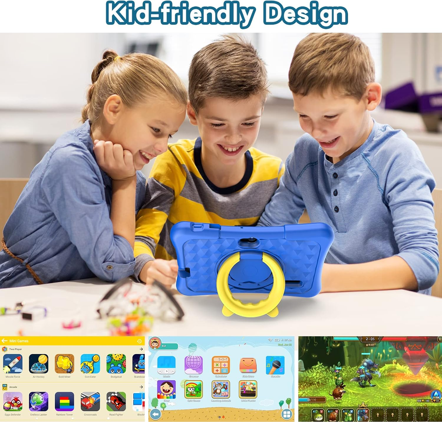 Pritom 7 Inch Kids Tablet, Quad Core Android 11, 2GB RAM, 32GB ROM, BT, Wifi, Dual Camera, Educational, Games,Parental Control, Kids Software Pre-Installed with Kids-Tablet Case, Type C,Dark Blue image number 4