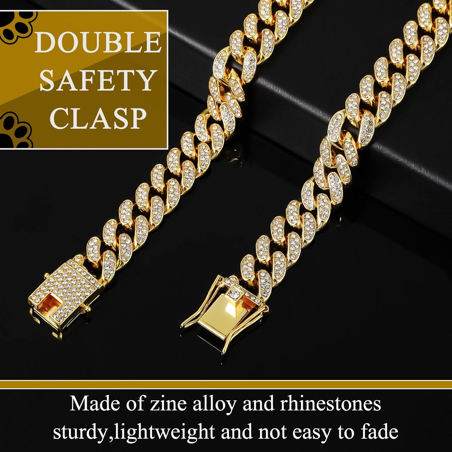 Gold Dog Chain Collar Diamond Cuban Link Dog Collar, 16Mm Wide Dog Necklace Metal Cat Chain Pet Crystal Collar Jewelry Accessories with Design Secure Buckle for Small Medium Large Dogs Cats(10Inch) image number 4
