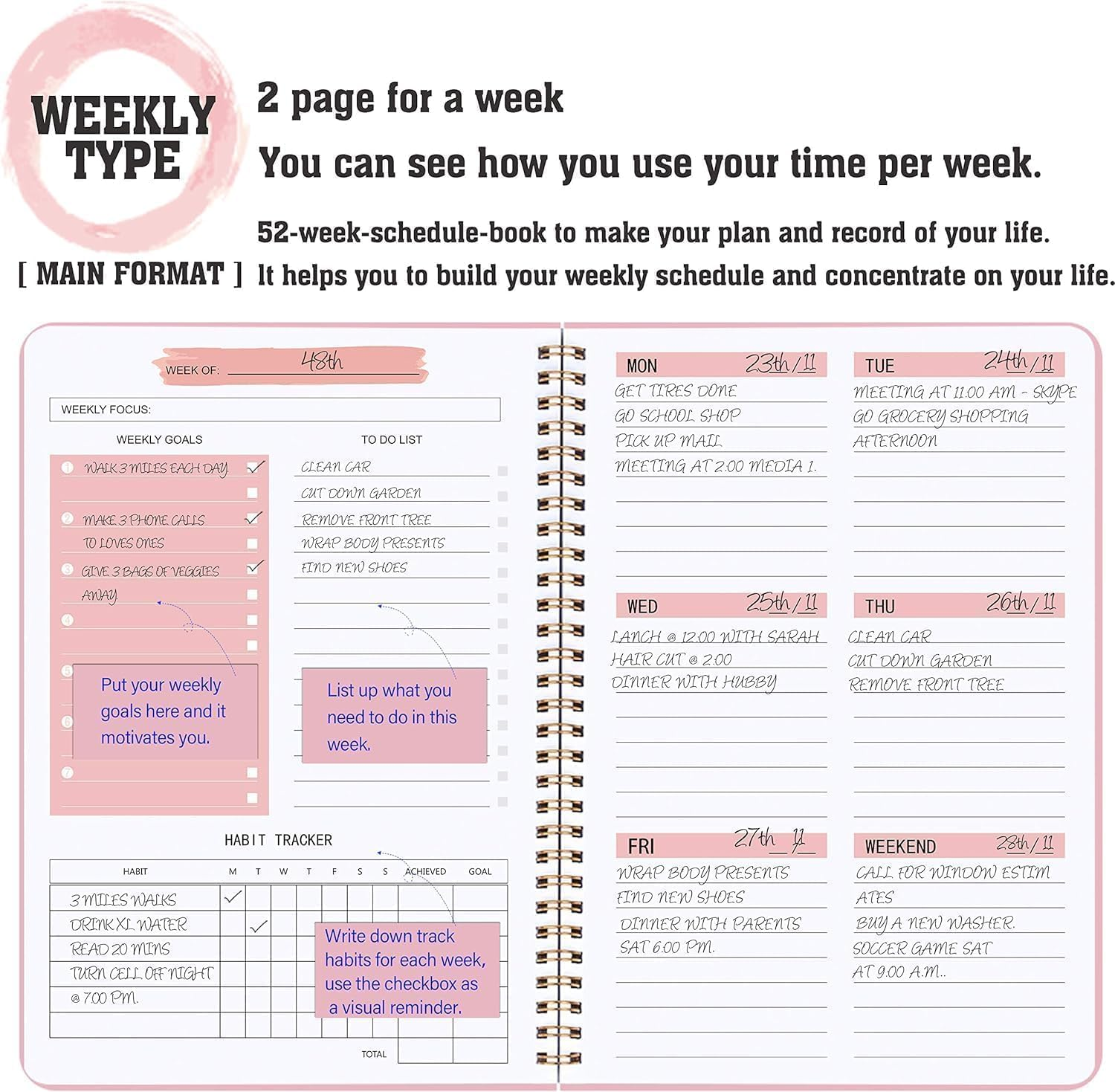 OSYLICT Weekly Planner Notebook,Undated A5 Daily Planner to Do List Diary,52 Weekly Habit Tracker Journal with Spiral Binding for College Work School Home Supplies (Pink) - Blue image number 6