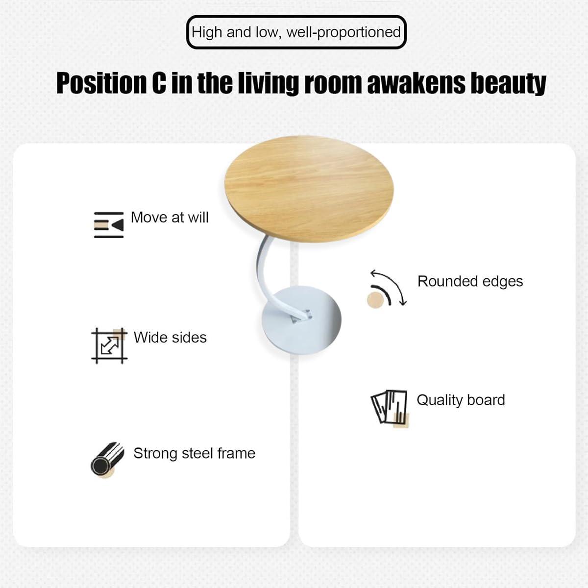 AIMALL 1Pc round Coffee Table 11.8X23.6X15.7 Inch Minimalist Side Table with Rounded Corners and Metal Frame for Living Room or Bedside Storage - Black-White image number 3