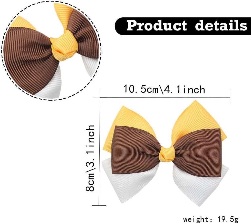 Happy Fall Ribbon Hair Bow Clips 3.5" for Girls, Cute Handmade Alligator Barrettes Hairpins Kids Thanksgiving Day Party Dress Outfit Decoration Accessories Gift（White，Yellow，Brown) image number 3