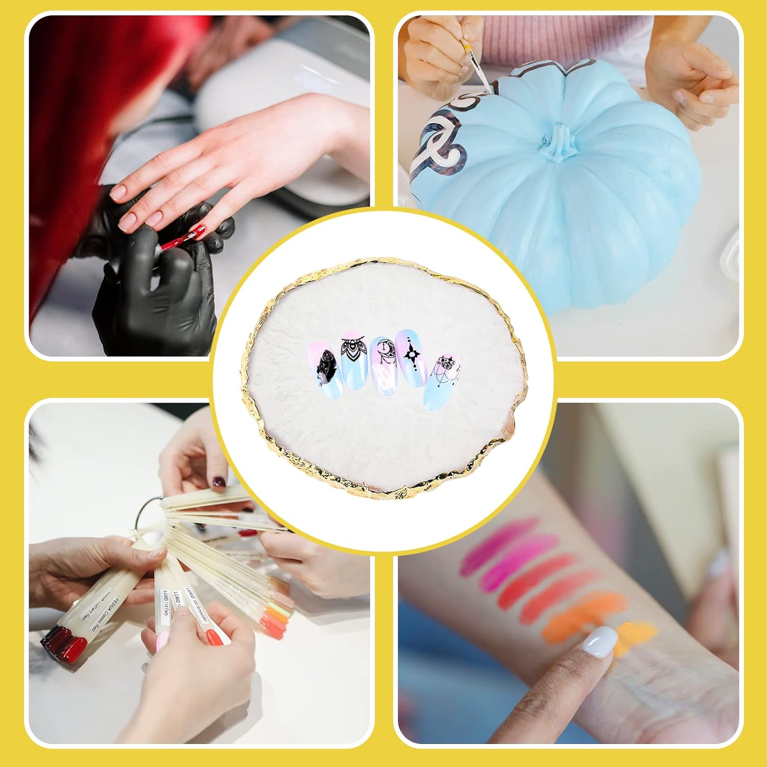 YUNAI Resin Nail Art Palette, Gold Edge Nail Art Painting Plate for Makeup, Nail Paint Palette Resin, Nail Tip Holder, Nail Art Display (White) image number 5