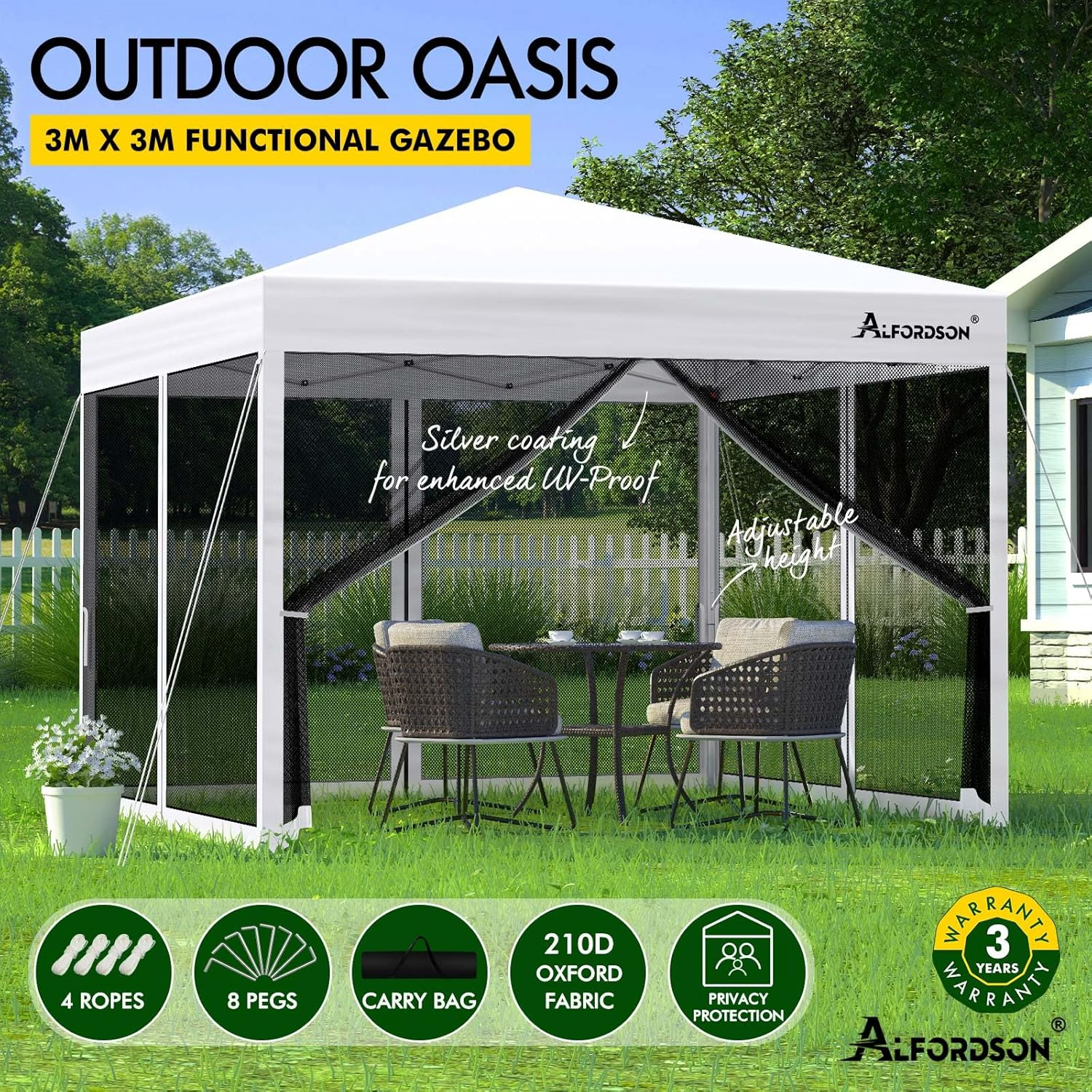 ALFORDSON Gazebo Marquee 3 X 3M with 4 Mesh Wall Panels and Pegs & Ropes, Easy Set-Up Canopy with Carry Bag, Camping Shelter Shade with Steel Frame for Wedding Party Pavilion, White image number 2