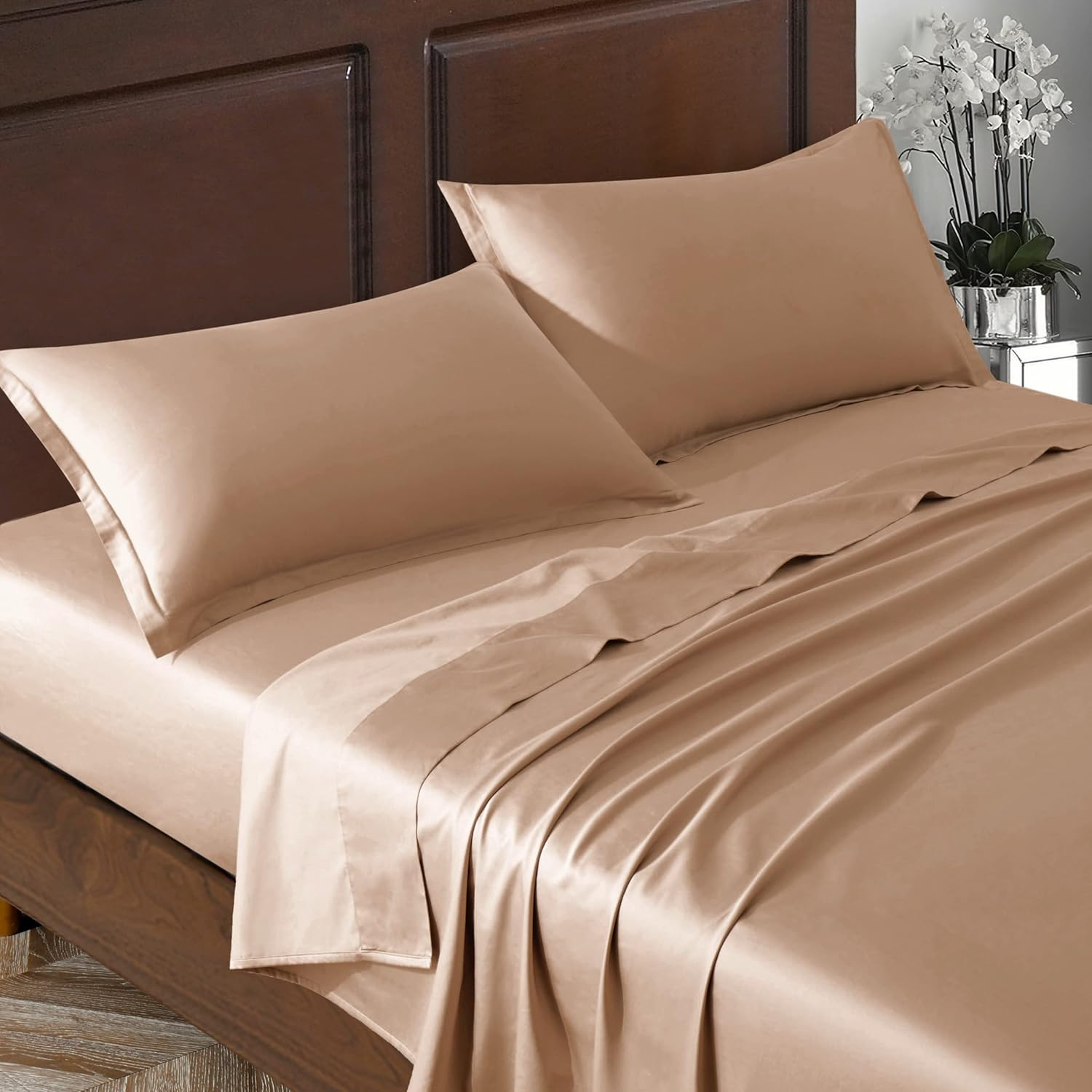 Eikei Solid Color Sheet Set Luxury Bedding Set 400 Thread Count Egyptian Cotton Long Staple Sateen Weave Breathable Silky Soft Pima Premium (Biscotti Beige, King)