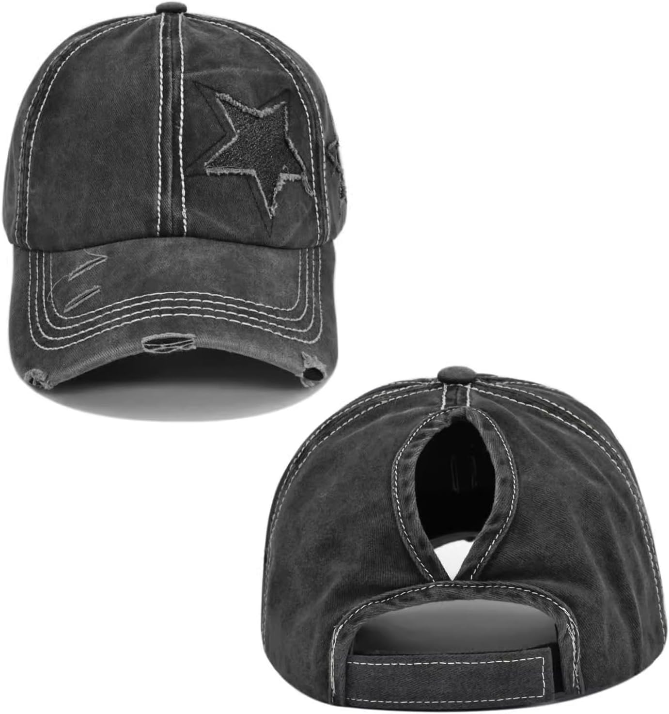Womens Ponytail Baseball Cap Vintage Style Baseball Cap Distressed Star Design image number 1