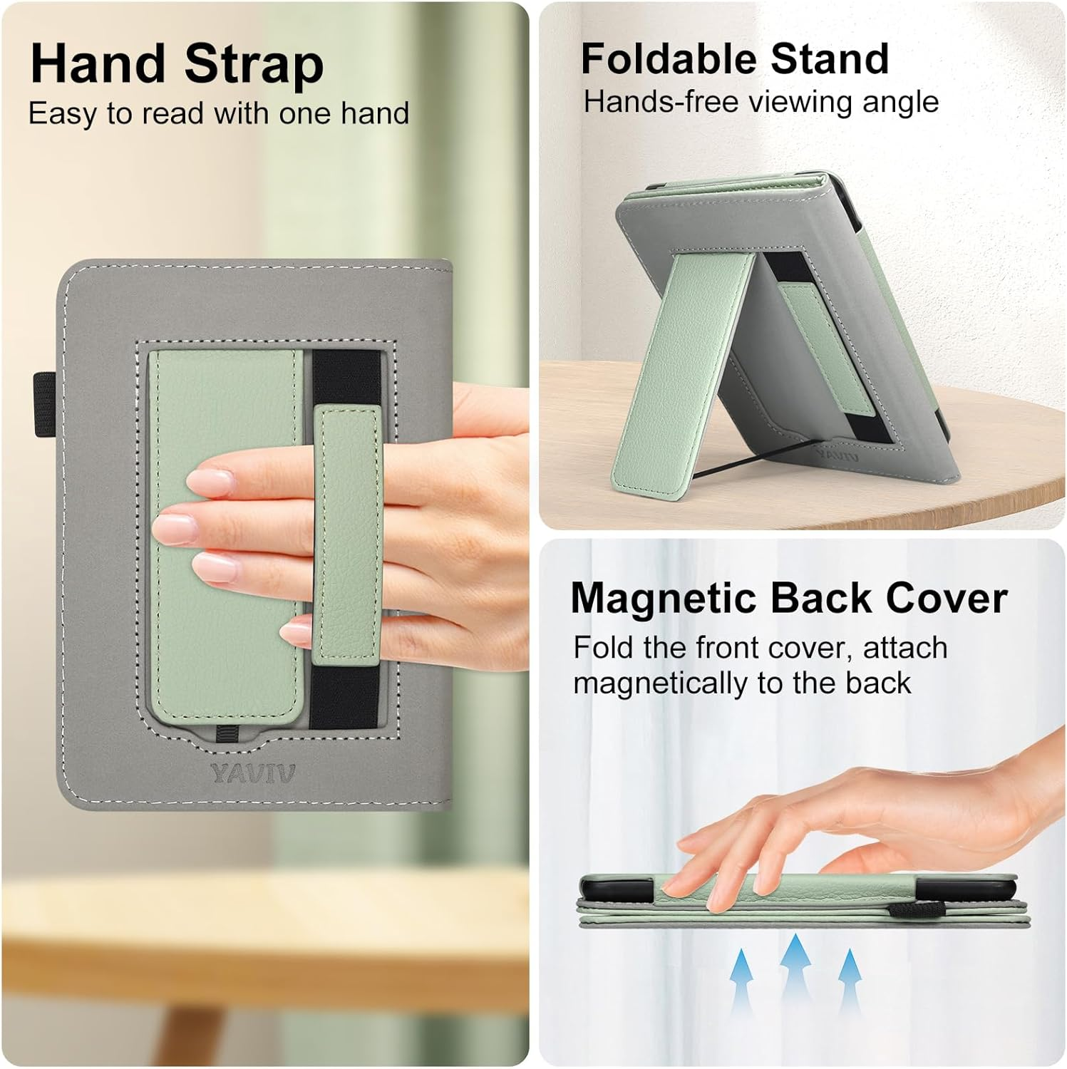 Case with Stand for for 6" Kindle (2024 & 2022, 11Th Gen) &ndash; PU Leather Smart Cover with Auto Sleep/Wake & Hand Strap for Kindle 2024, Sage - Rose Gold image number 5