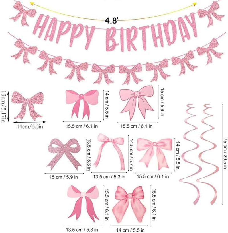 WADY 30Pcs Pink Bow Happy Birthday Banner Set with Glitter Garland & 7 Hanging Swirls, Girly Birthday Party Decorations for Girls, Bow Themed Backdrop Wall Hanging (Pink) - Pink image number 6