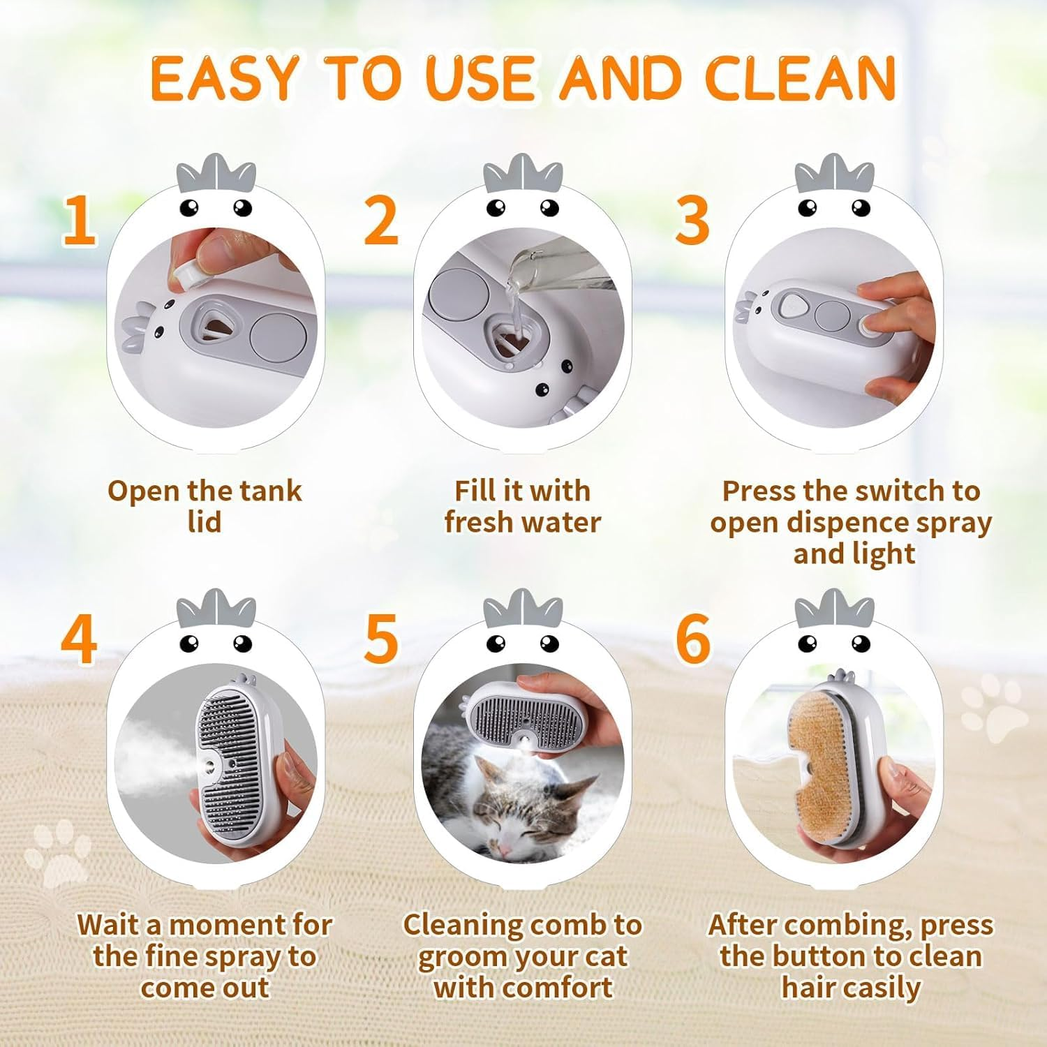 Aymxcls Cat Steam Brush with Release Button,Self Cleaning Spray Cat Brush with Release Button for Cats Shedding, Cat Grooming Brush for Removing Knots,Loose Hair image number 3