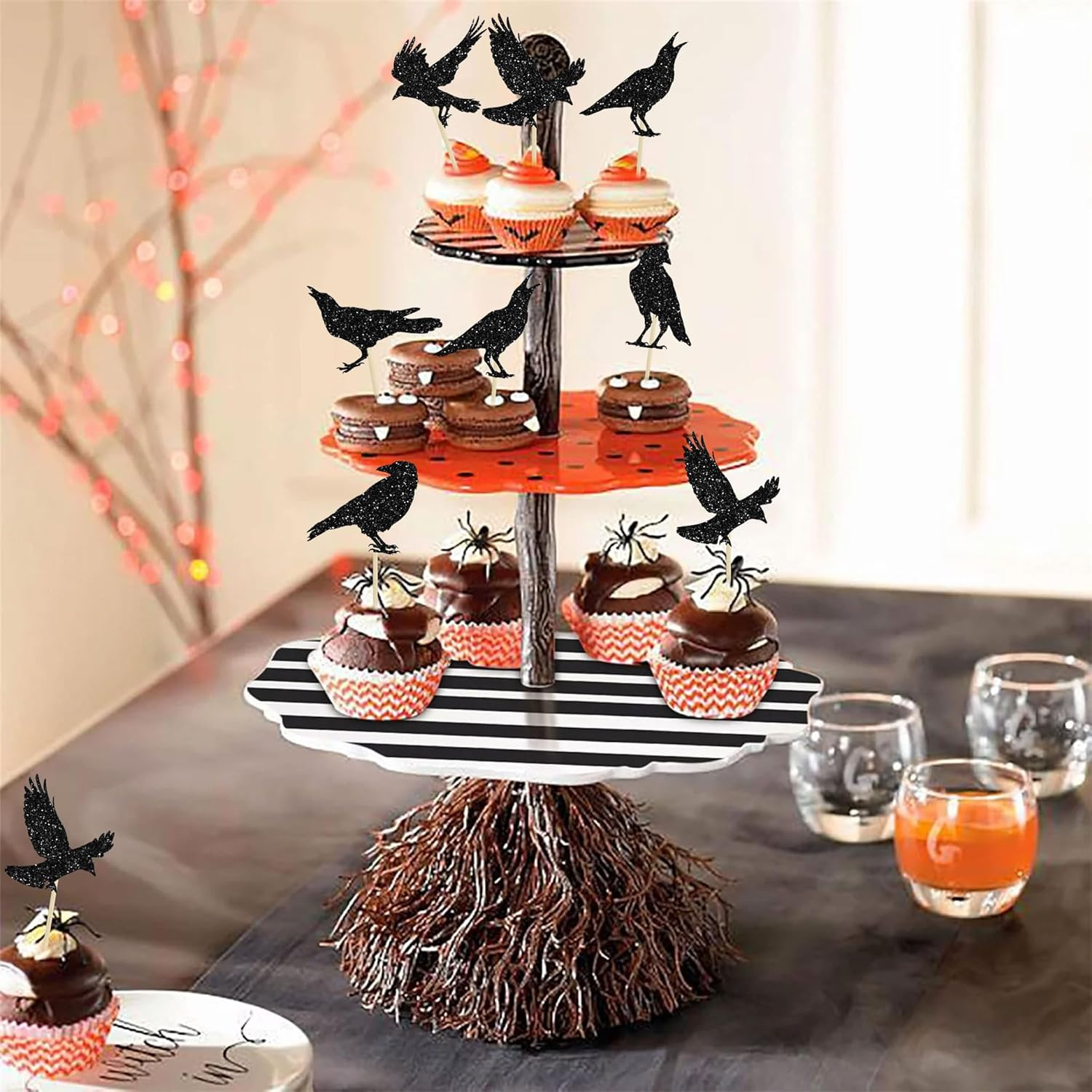24Pcs Black Crow Cupcake Toppers Glitter Raven Halloween Cupcake Picks for Horror Crow Halloween Theme Birthday Party Cake Decorations Supplies image number 6