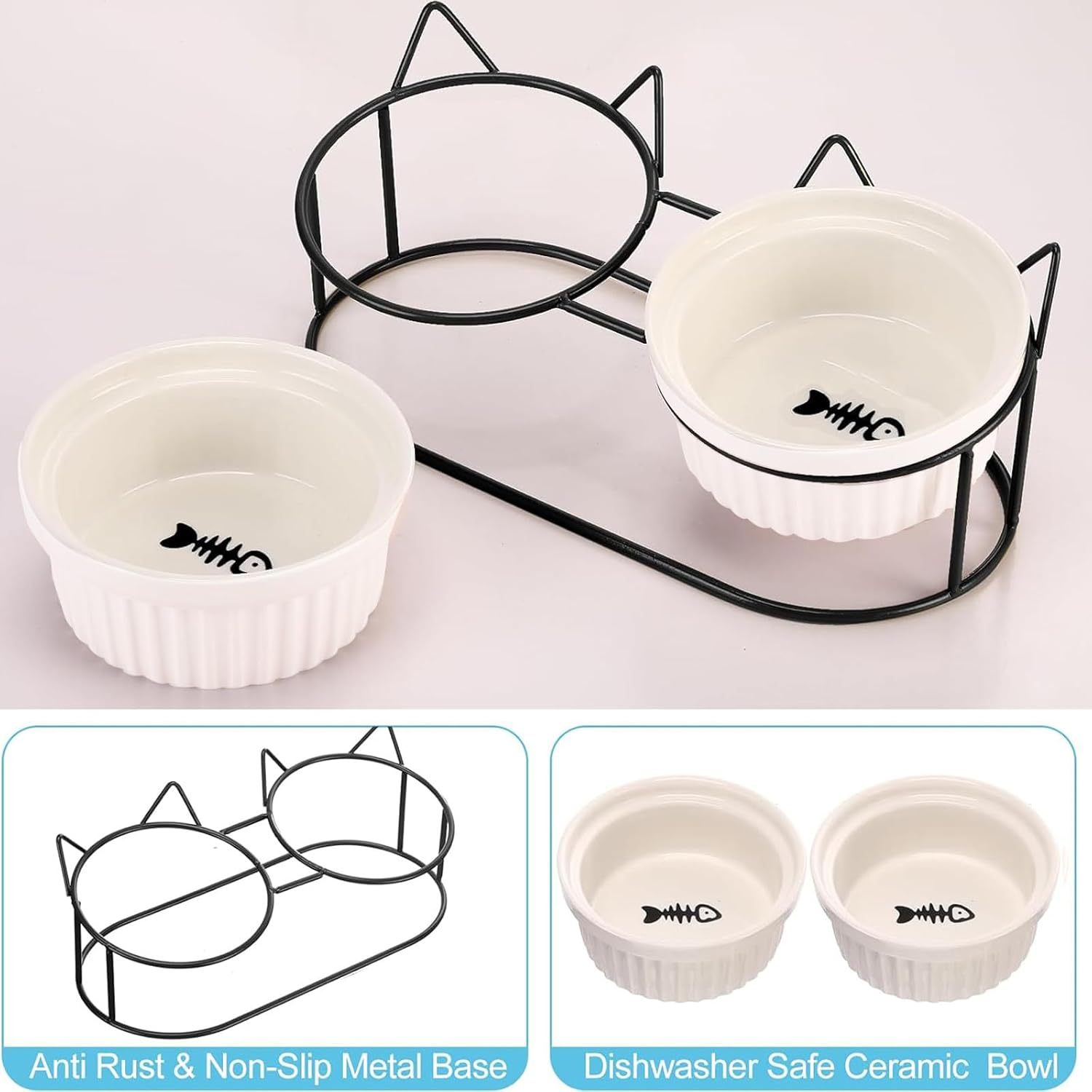 A Set Cat Bowls, Ceramic Raised Cat Food Bowl with Pet Food Mat Elevated Kitten Drink Bowl Black Stand for Food and Water anti Vomiting Dish for Indoor Cats Puppy Small Dogs (Black) image number 3