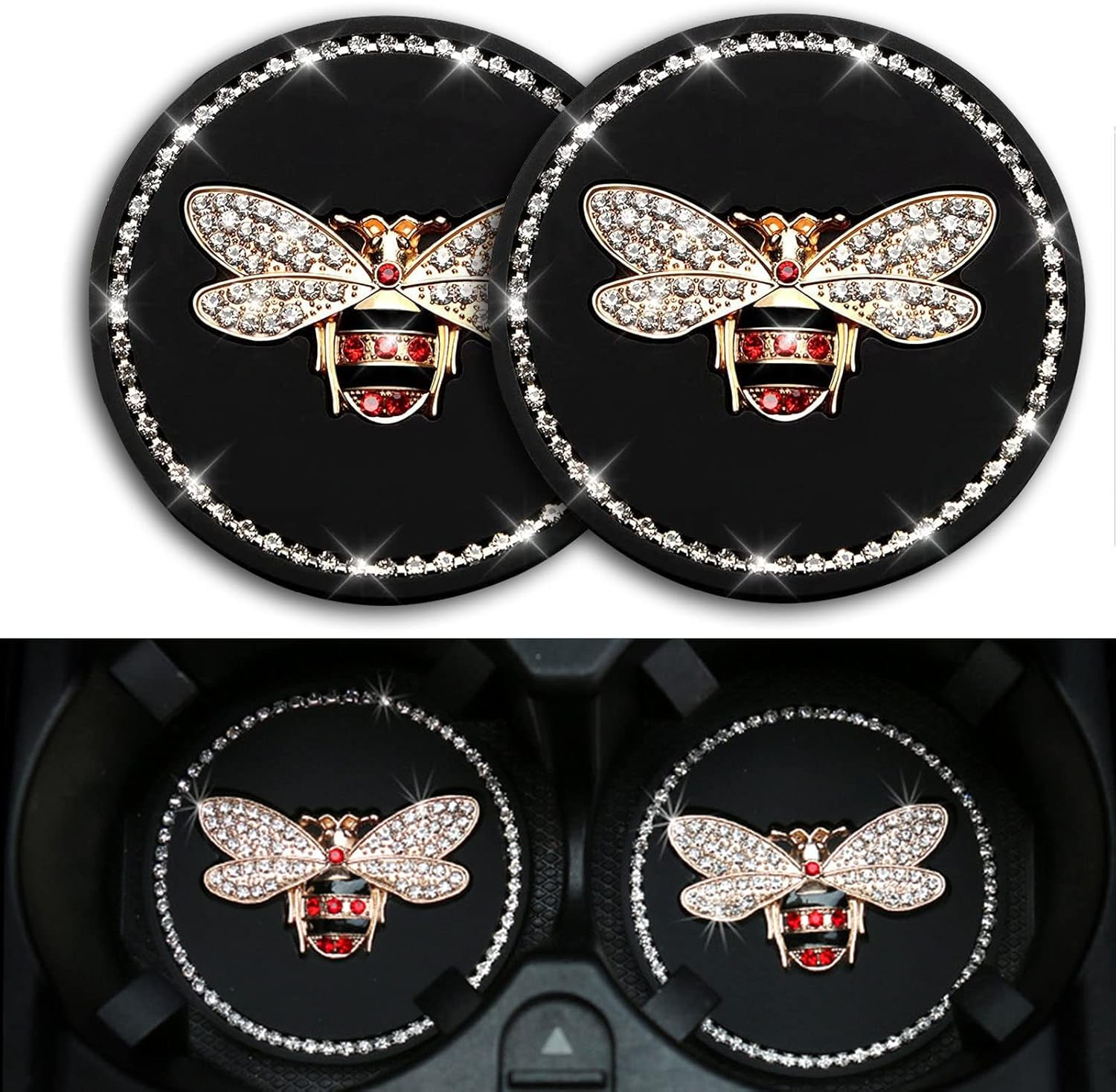 Bling Cup Holder Insert Coaster- 2.95 Inch Silicone Anti-Slip Shockproof, Universal Fashion Car Interior Accessories for Women (Bee, 2 PCS) image number 6