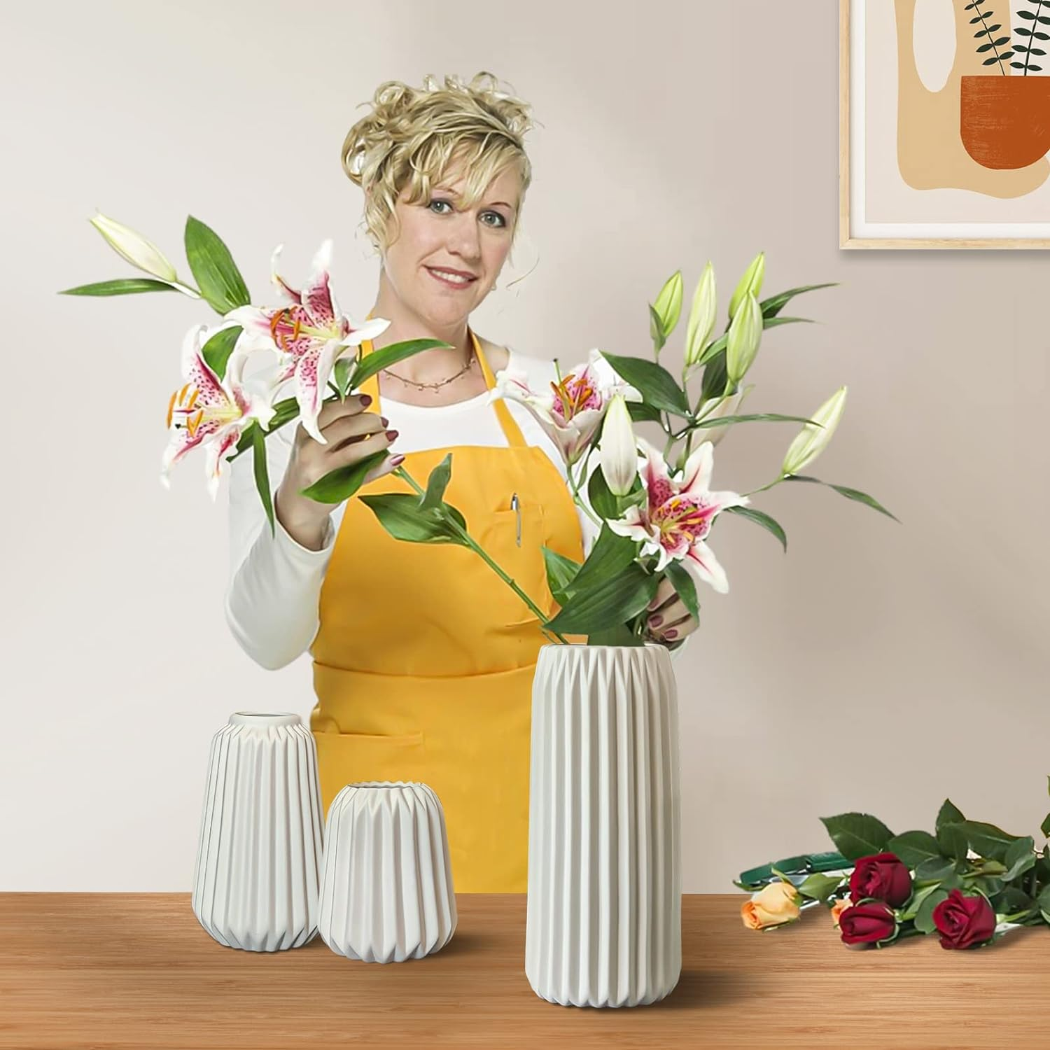 White Ceramic Vase -Set of 3 Boho for Modern Home Decor,Nordic Minimalism Decor Office Entryway Living Room Centerpiece Table Decorations Vases - White 3 Set image number 5