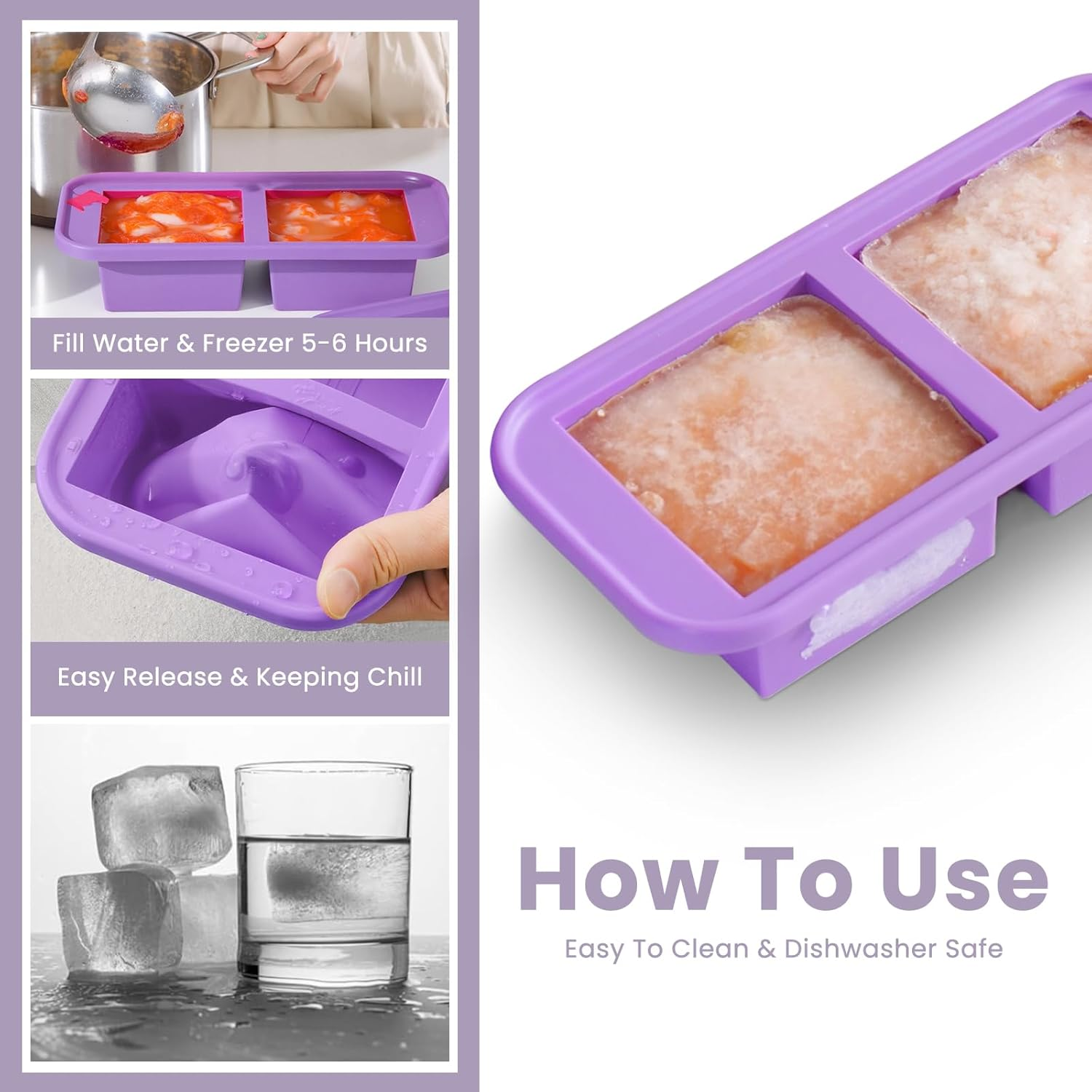 Dawntress Silicone Freezer Tray with Lid - 3Pack Soup Freeze Container Molds Gift Set, Kitchen Portion Food Storage for Freezing Sauce, Broth, Rice, Leftovers and Meal Prep, BPA Free - 1/2, 1, 2 Cup image number 6