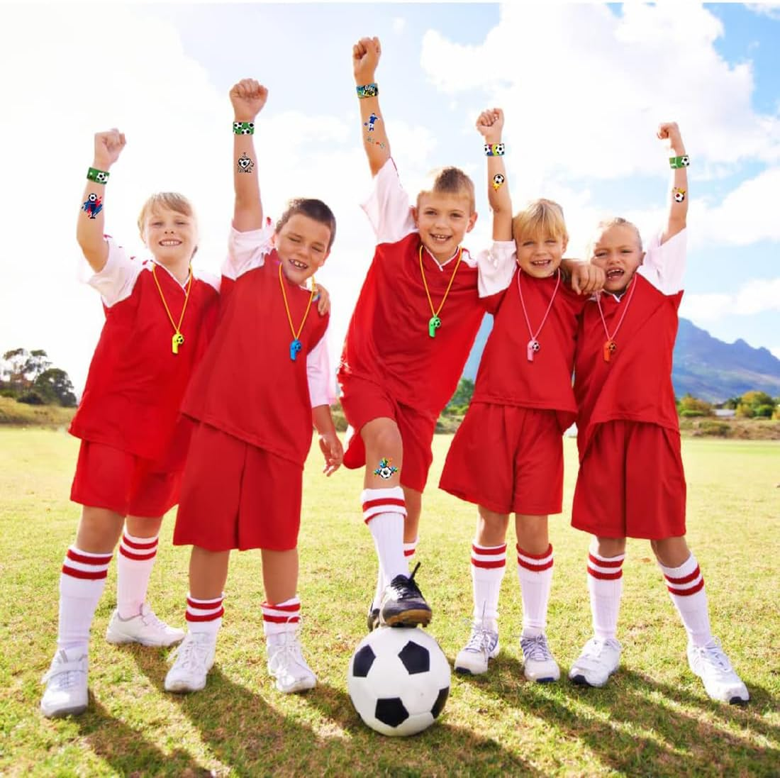 112 PCS Soccer Party Favors Set, Soccer Theme Party Supplies, Soccer Gifts Soccer Handbag Slap Bracelet Whistle Keychains Erasable Tattoos Stickers Gold Medal for Kids Party Favors image number 3