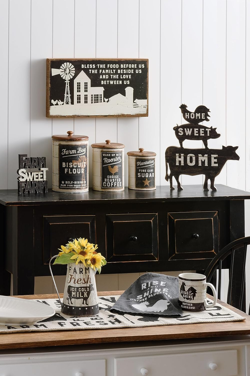 Primitives by Kathy Black and White Cotton Dish Towel, Rise and Shine Mother Cluckers