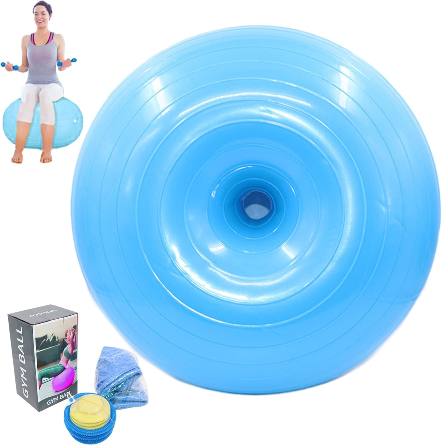 20 Inch Fitness Ball Inflatable Doughnut Exercise Stability Ball Anti-Burst Donut with Inflator Blue image number 3