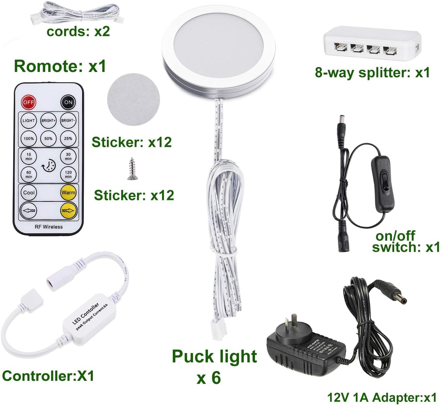 AIBOO LED under Cabinet Puck Lights CCT Light Color Temperature Adjustable Warm+White Double Color with Dimmable RF Remote Controller for Kitchen Shelf Ambiance Display Lighting (8 Lights, 24W) (8) image number 3