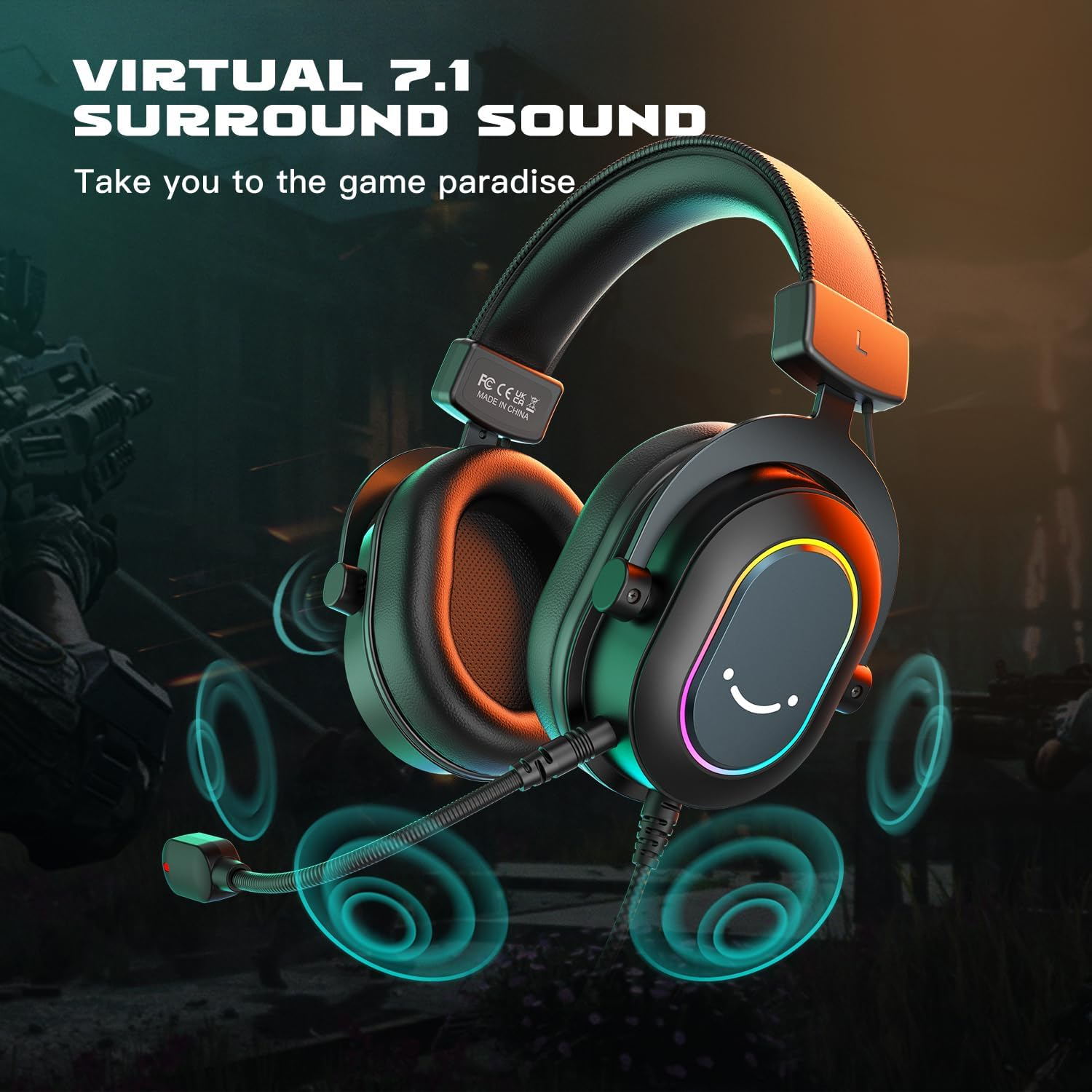 Fifine Gaming Headset for Pc-Wired Headphones with Microphone-7.1 Surround Sound Computer USB Headset for Laptop, Streaming Headphones on PS4/PS5, with EQ Mode, RGB, Soft Ear Pads - Ampligame H6 image number 1
