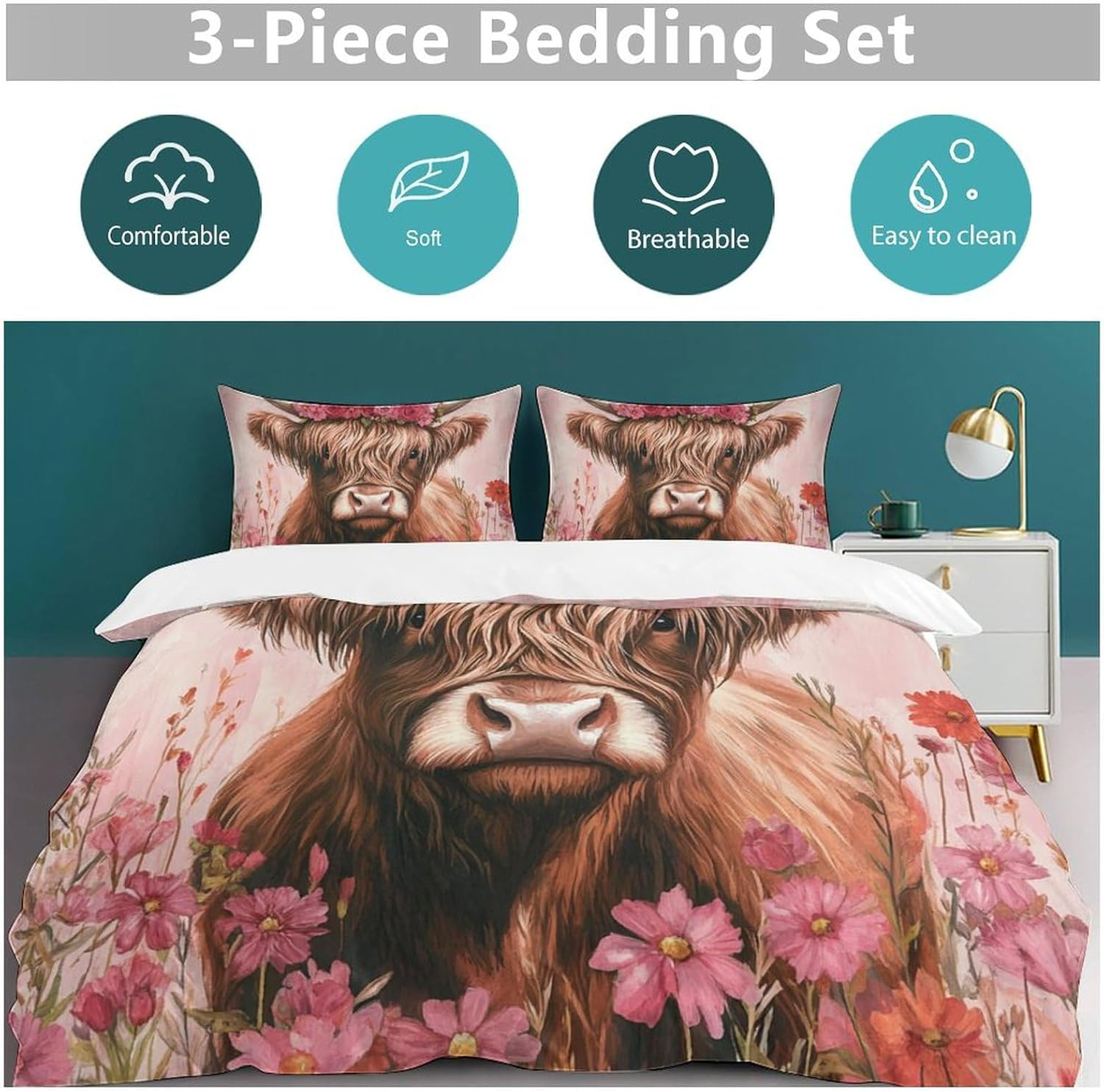 Highland Cow Duvet Cover Sets Bedding Set Cartoon Animal Comforter Cover with Hidden Zipper 3 Pieces Soft Microfiber Quilt Cover with Pillowcase,Queen（210X210Cm）