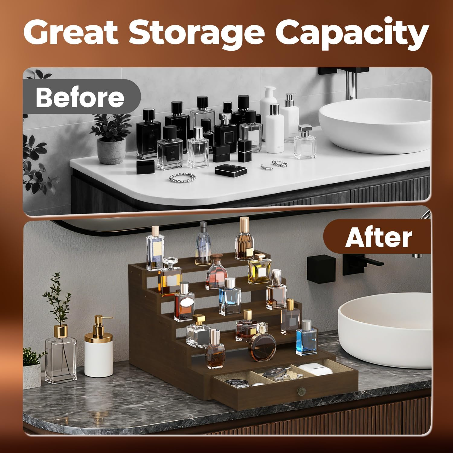 Esluker.Ly Perfume Organizer Cologne Holder Stand for Men, Wooden Cologne Display Shelf for Bedroom Dresser Countertop, 5 Tier Large Capacity Storage Rack with Drawer, Keep Fragrance Neat & Accessible image number 6