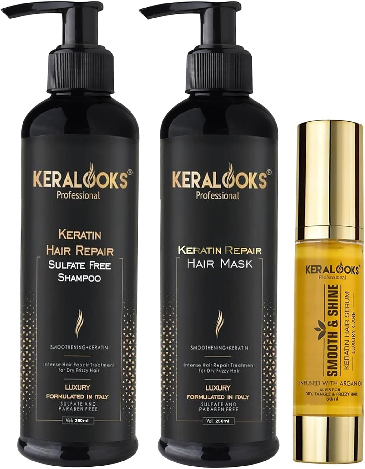 Keralooks Professional &reg; Keratin Shampoo+Mask Combo Pack (250Ml) and Argan Hair Serum 50Ml |Promote Silky,Smooth,And Frizz-Free Hair (Sulphate-Free) image number 1