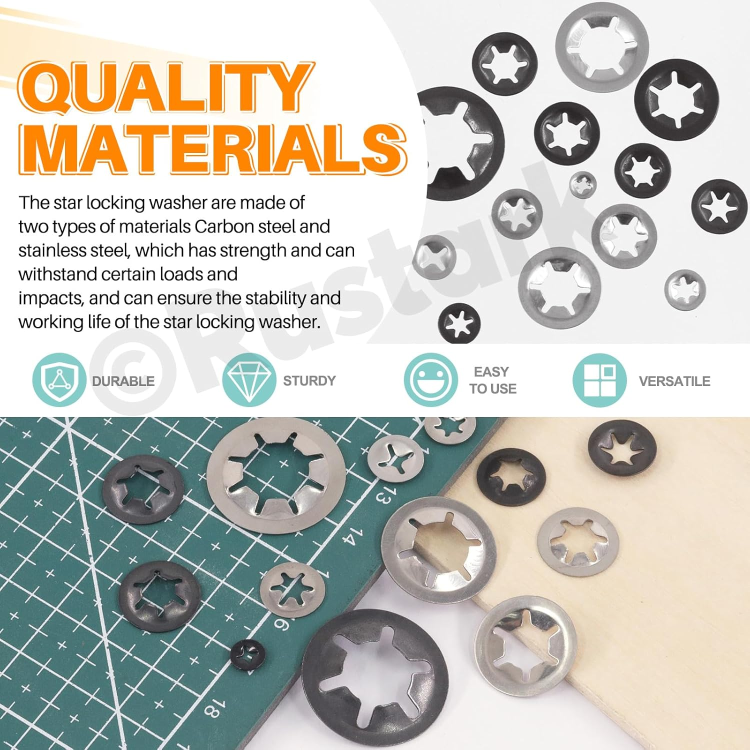 208Pcs M2-M12 9 Sizes Internal Tooth Star Lock Washers Assortment Kit, 304 Stainless Steel Quick Speed Locking Washers and Black Oxide Finish Push on Speed Washers Push on Locking Washer image number 1