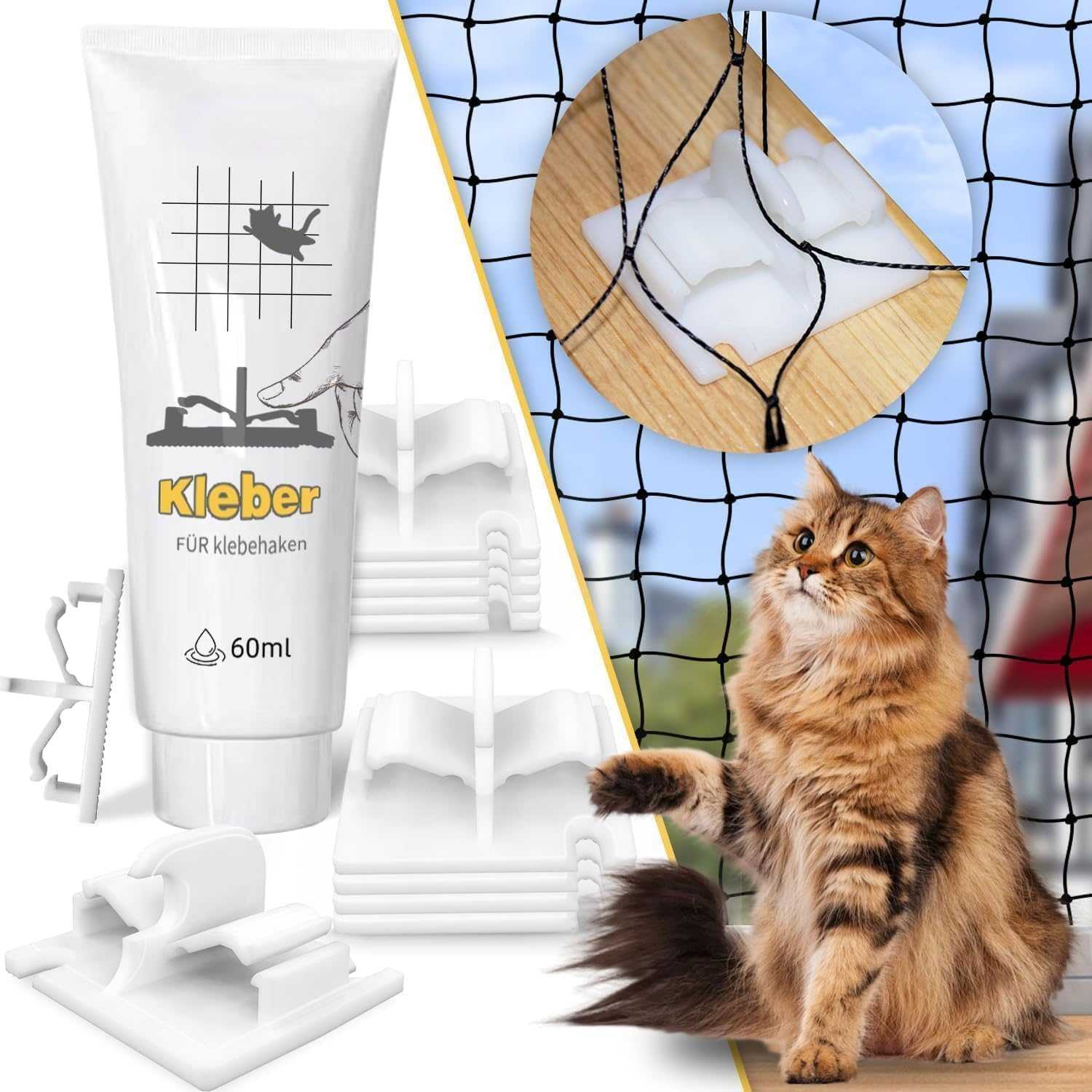 Adhesive Hooks Cat Net, 50 Adhesive Hooks + Glue, 2 Functions: Lock + Hang Adhesive Hook Cat Net for Balcony, Cat Net for Balcony without Drilling, Adhesive Hooks Extra Strong, Cat Net Balcony