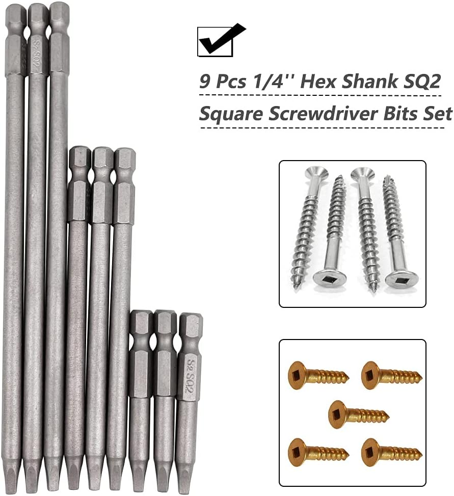 Saipe Set of 9 Pieces Magnetic SQ2 Square Head Screwdriver Bits 1/4 Inch Hex Shank Square Drive Bit Security Electric Screw Driver Drill Bit for Electric Hand Screwdrivers, 50/100/150Mm Length