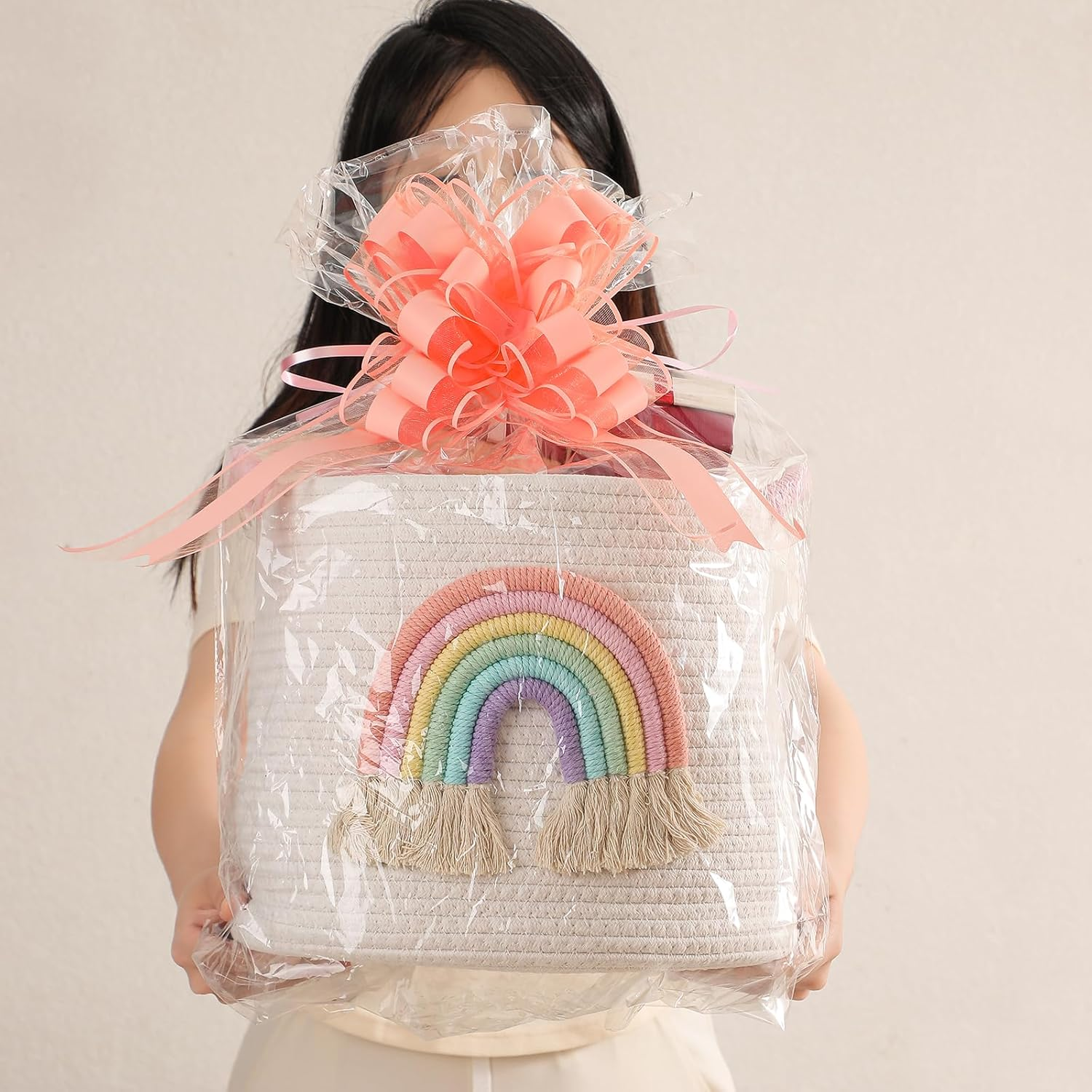 Inough Toy Storage Baskets Woven Cotton Rope Storage Basket with Rainbow Decor for Kids, Blanket Baskets for Living Room Toys Organizer Rainbow Baby Gifts Basket with Handle for Girls Nursery Playroom image number 4