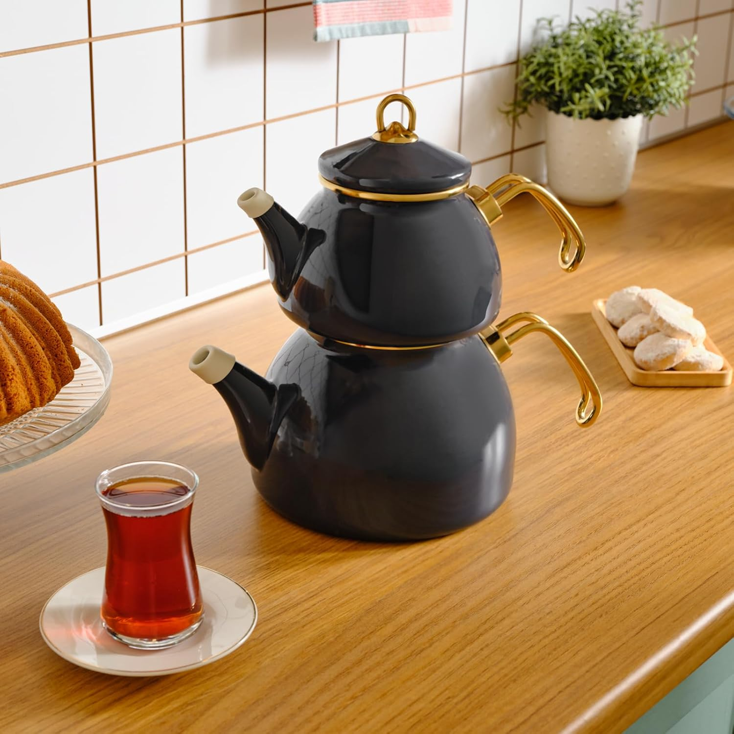 Karaca Retro Enamel Teapot Set, Anthracite, Suitable for Induction, Tea Maker, Kettle, Tea Infusion 1.1 L, Water Jug 2.3 L, Turkish Tea Kettle, Tea Maker, Caydanlik image number 3