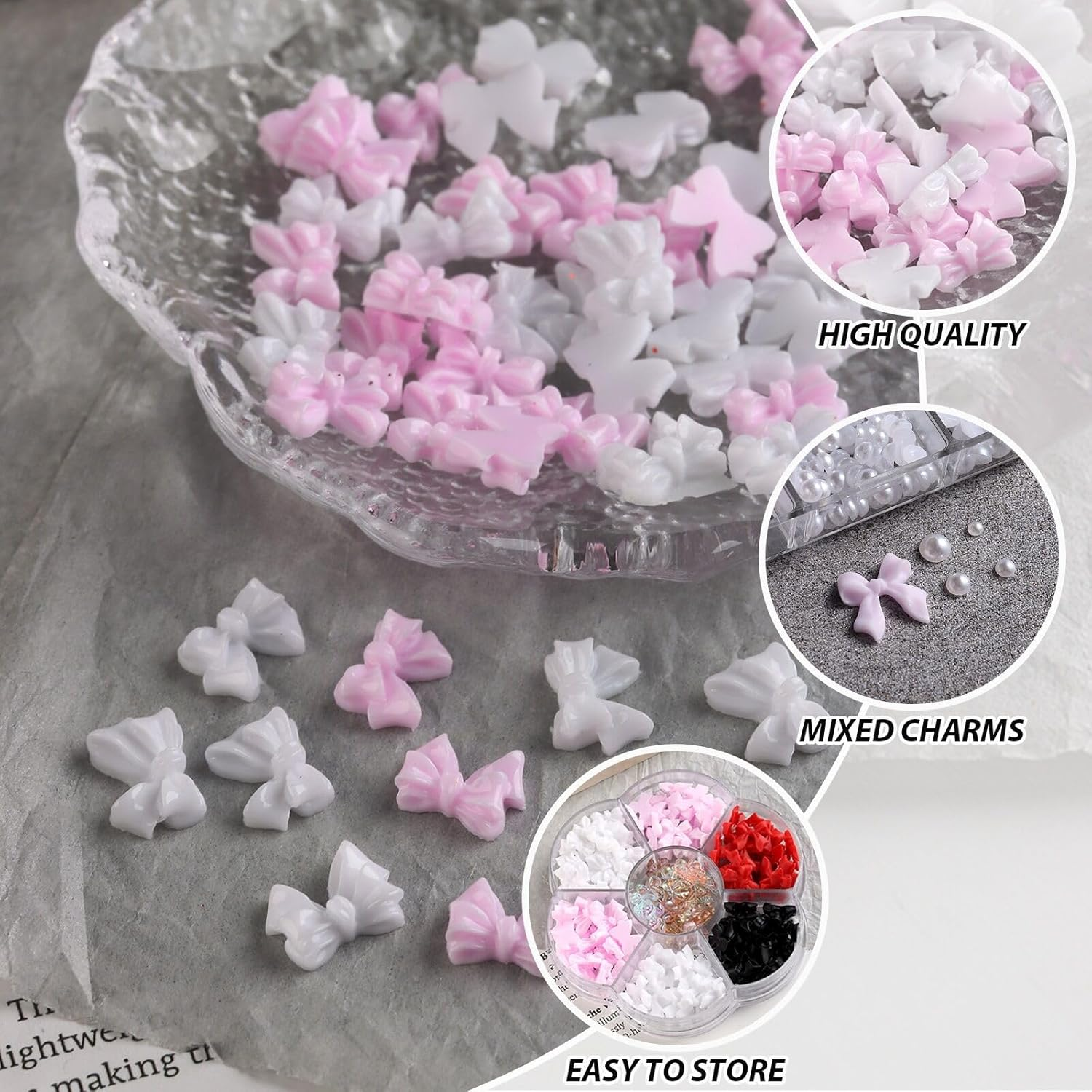 SUTOKAKA 3D Bow Nail Charms and Pearls Mixed Color Acrylic Flatback Bowknot Charm Gems Jewels with Tweezer Pickup Pencil for Nail Art Design Manicure DIY Crafts image number 1