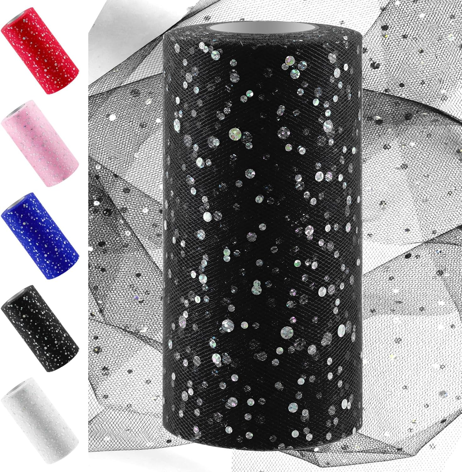 Swpeet 6 Inch by 50 Yards White Glitter Tulle Fabric Roll, Fabric Spool Sparkling Tulle Ribbon, Netting Polyester Spool for DIY Birthday Party Wedding Decorations Christmas Craft Supplies