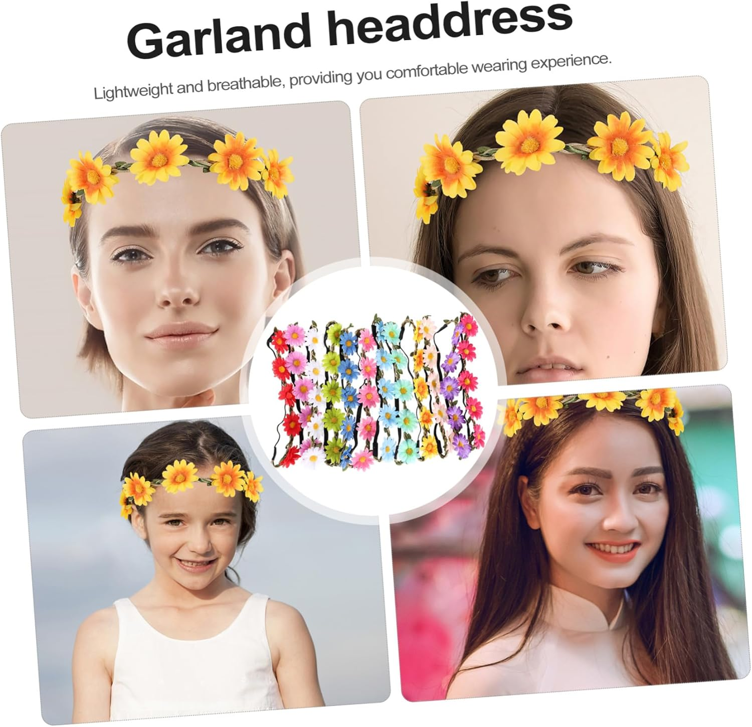 ERINGOGO 12Pcs Bohemian Daisy Flower Crown Garland Headbands for Women Floral Hairbands for Weddings Parties Birthdays Fashion Accessories image number 2
