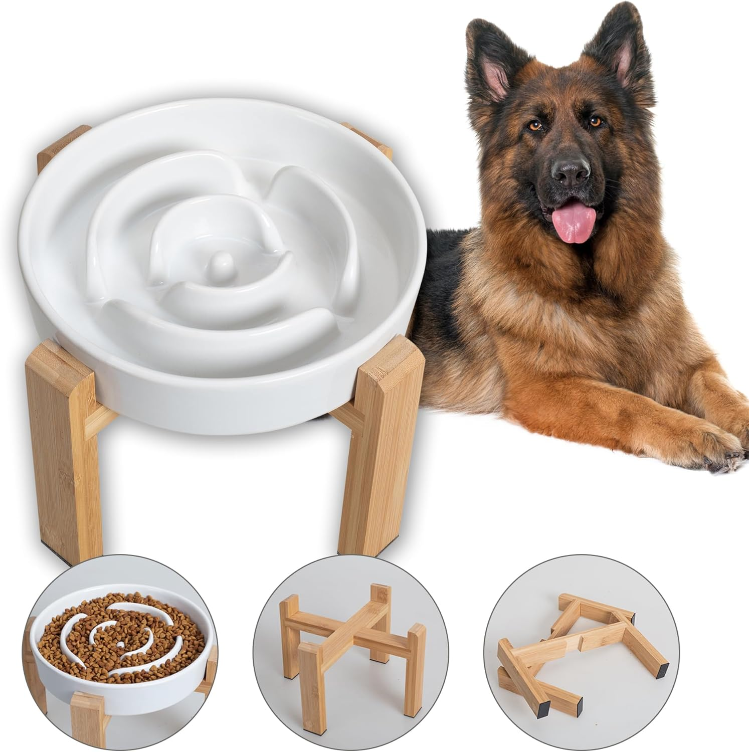 Elevated Slow Feeder Dog Bowl - Ceramic Food Dish with Bamboo Stand - Raised Maze Design - Ideal for Medium to Large Dogs - White - 8.8 Inch image number 4