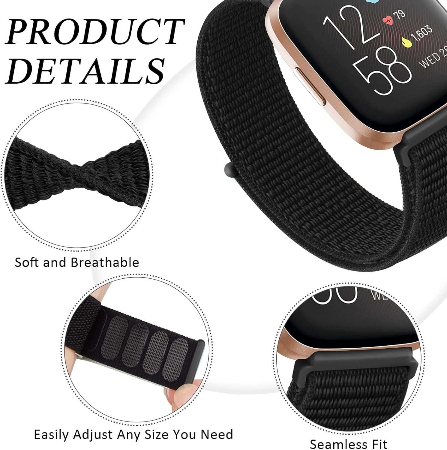 Nylon Bands for Fitbit Versa 2 Bands, Fitbit Versa Band,Fitbit Versa Lite/Se Band Women/Men, Adjustable Soft Breathable Solo Loop Nylon Braided Replacement Strap Wristband image number 5
