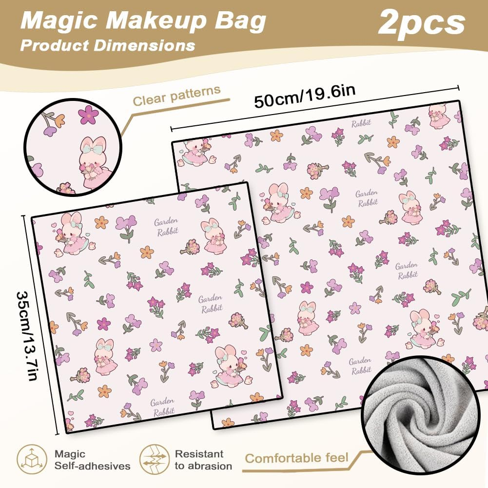 2 Sheets Self-Adhesive Magic Cloth Cute Rabbit Travel Makeup Bag Organizer & Scratch-Resistant Camera Lens Protective Wrap, Reusable Portable Cosmetic Pouch (50X50Cm/35X35Cm), Pink image number 2