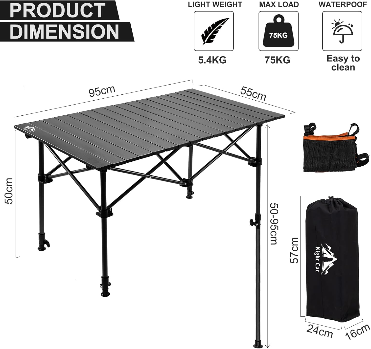 Night Cat Camping Table Foldable Outdoor Table Portable Adjustable Height 95 X 55 Cm Waterproof BBQ Barbeque Garden Backyard image number 4