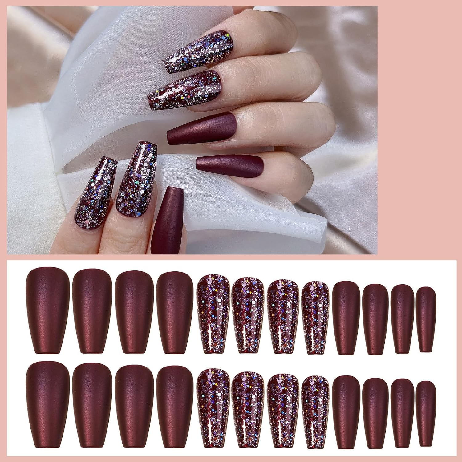 Mouyouglow Press on Nails Medium Length, Ballerina Dark Purple Glitter Fake Nails with Nail Glue, Dark Purple Sparkly Artificial Fingernails image number 1